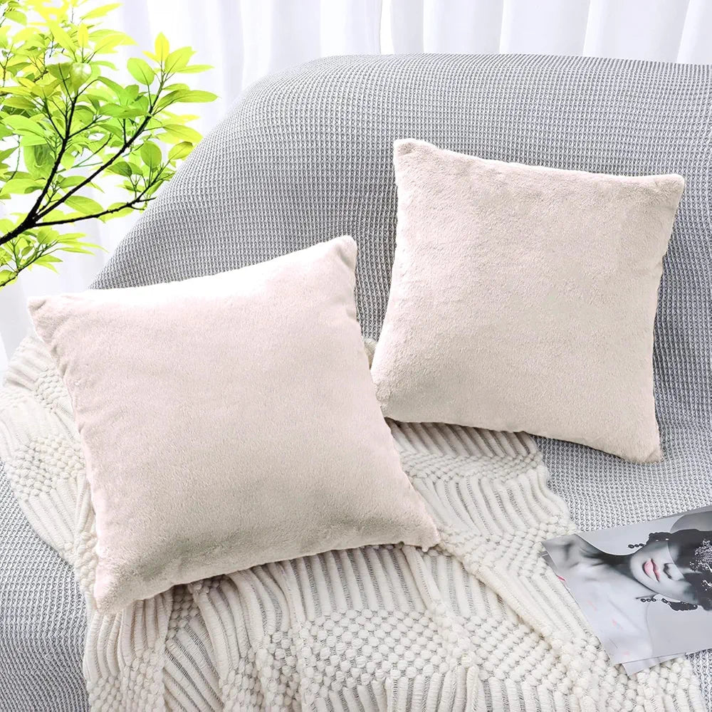 Luxe Home Cushion Cover 16 inch x 16 inch Duble Side Rabbit Fur Plain Design Covers Set of 2 for Sofa, Bedroom, livingroom